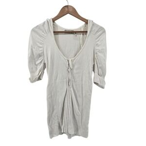 Guess White Knit Short Sleeve Hoodie Medium Zip Up Charm Logo Y2K